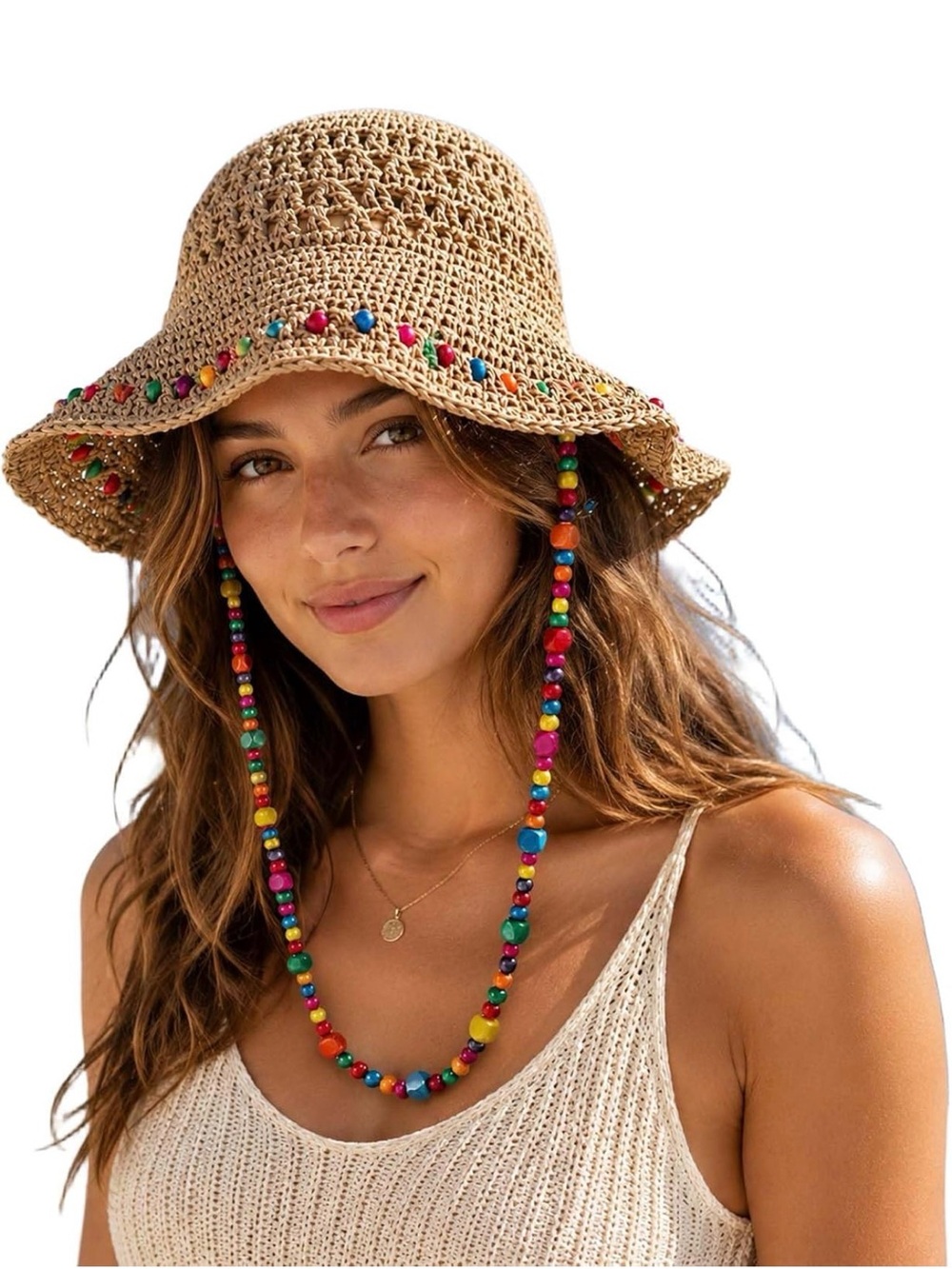 Straw Crochet Bucket Hat with Multicolor Beaded Trim